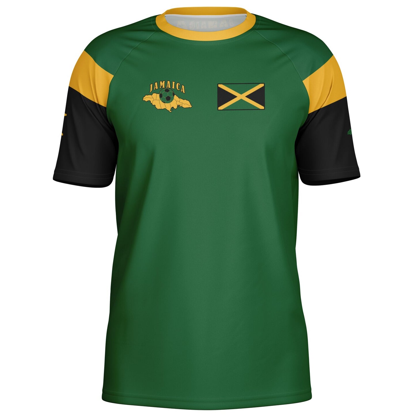 Front view of the green jersey with gold raglan blocks, black sleeves and small chest flag panel.