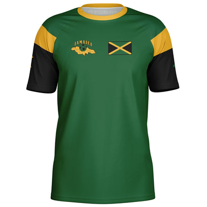 Front view of the green jersey with gold raglan blocks, black sleeves and small chest flag panel.