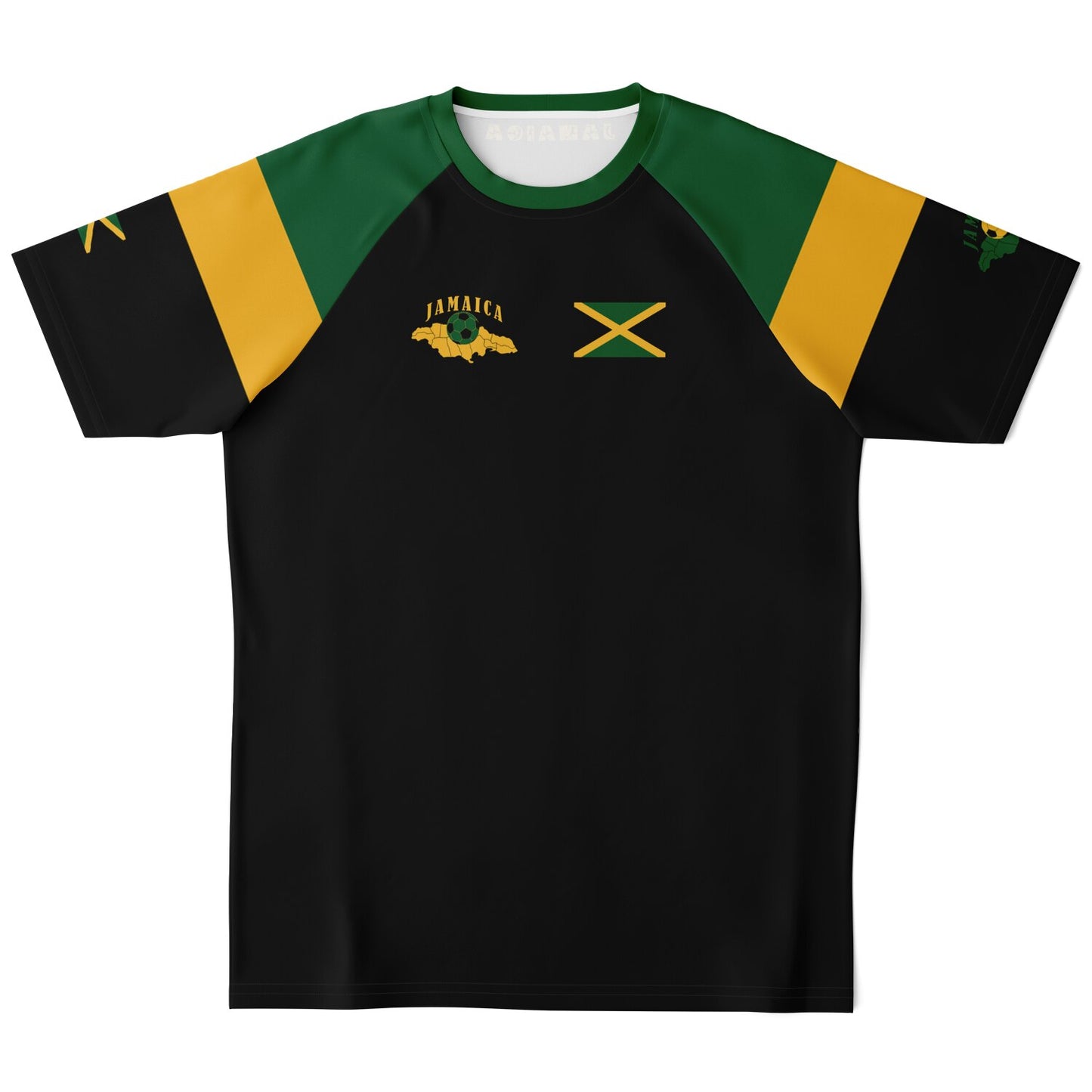 Front of black Jamaica soccer jersey with green raglan shoulders, gold stripes, chest flag and island map print.