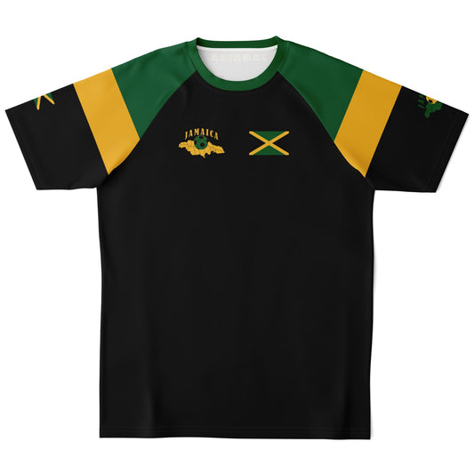 Front of black Jamaica soccer jersey with green raglan shoulders, gold stripes, chest flag and island map print.