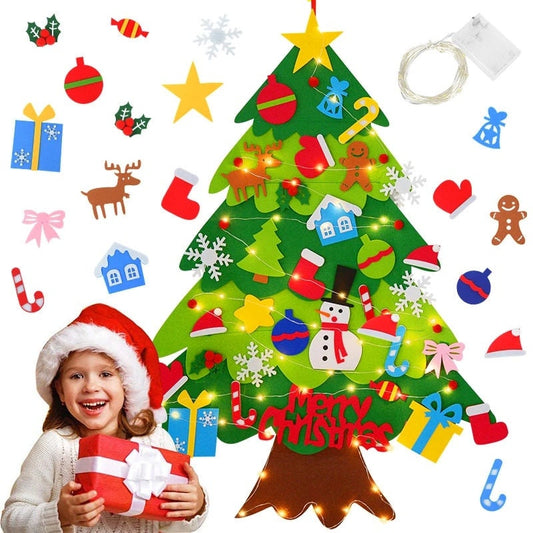 34pcs DIY Felt Christmas Tree Wall Hanging w/ LED String Lights | Felt Craft Kits for Christmas | Xmas Gifts for Kids | Home Decoration