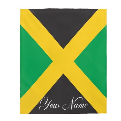 Full front view of the Jamaican flag blanket showing the gold cross and personalised script name.